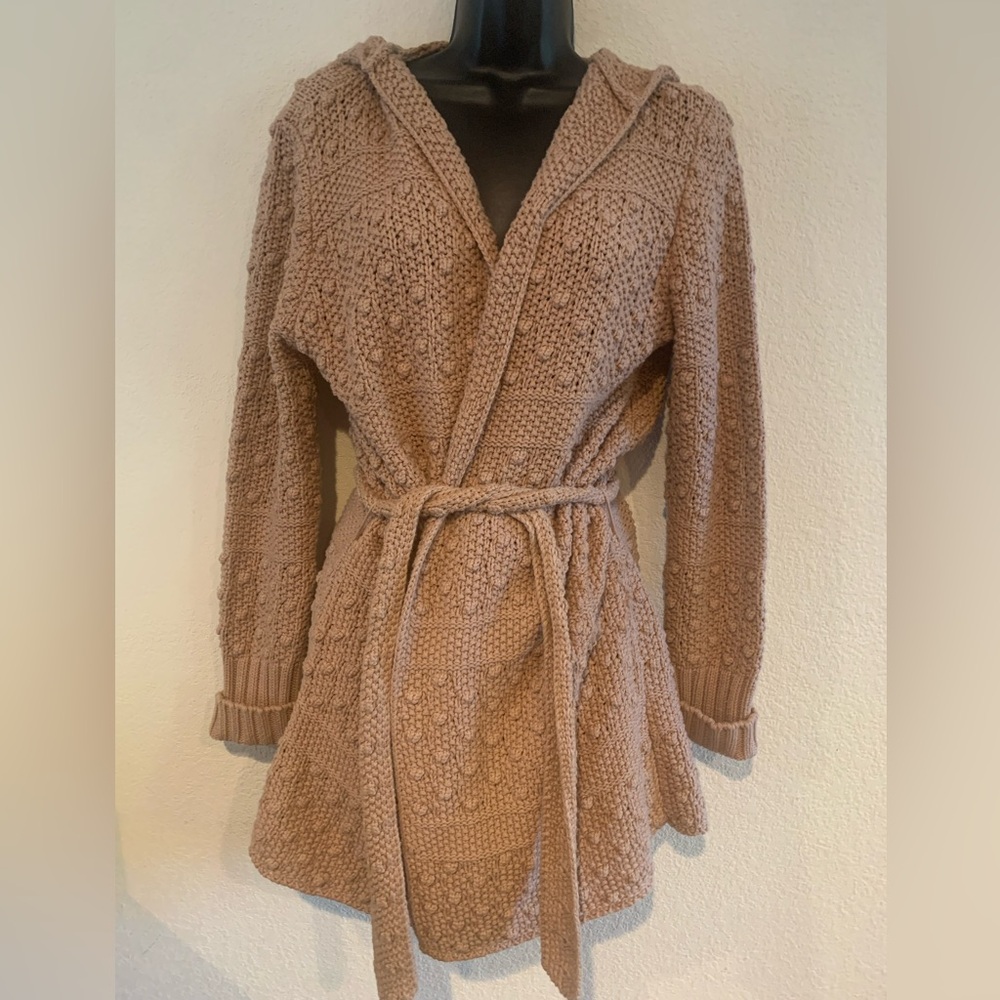 Saltwater Luxe Hooded Cardigan Open Front Tie Cozy Sweater Anthropologie Medium
